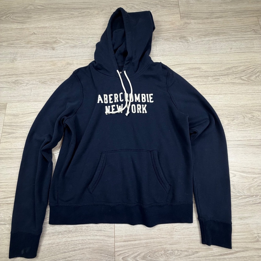 Abercrombie‎ & Fitch Mens Navy Blue New York Logo Pullover Hoodie Sweatshirt L